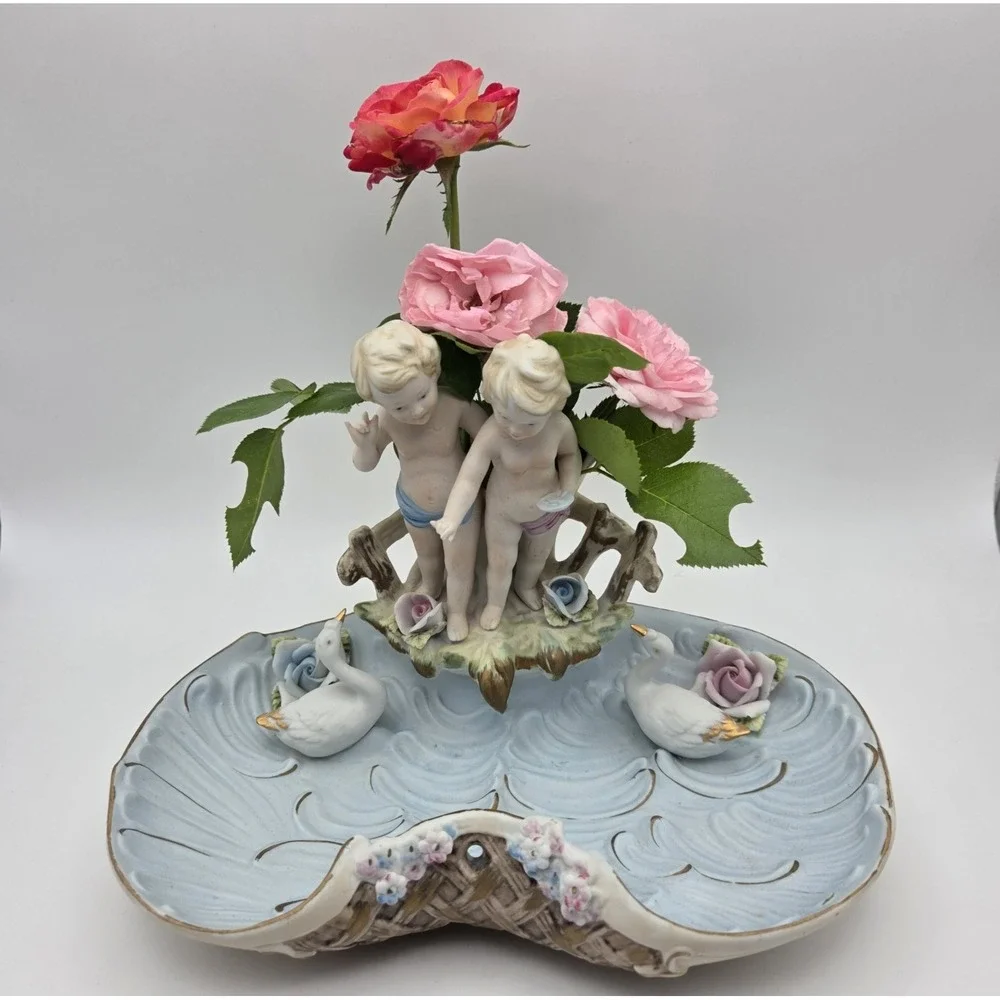 Vintage Baroque Porcelain Putti Centerpiece Planter With Cherubs Swans & Flowers
